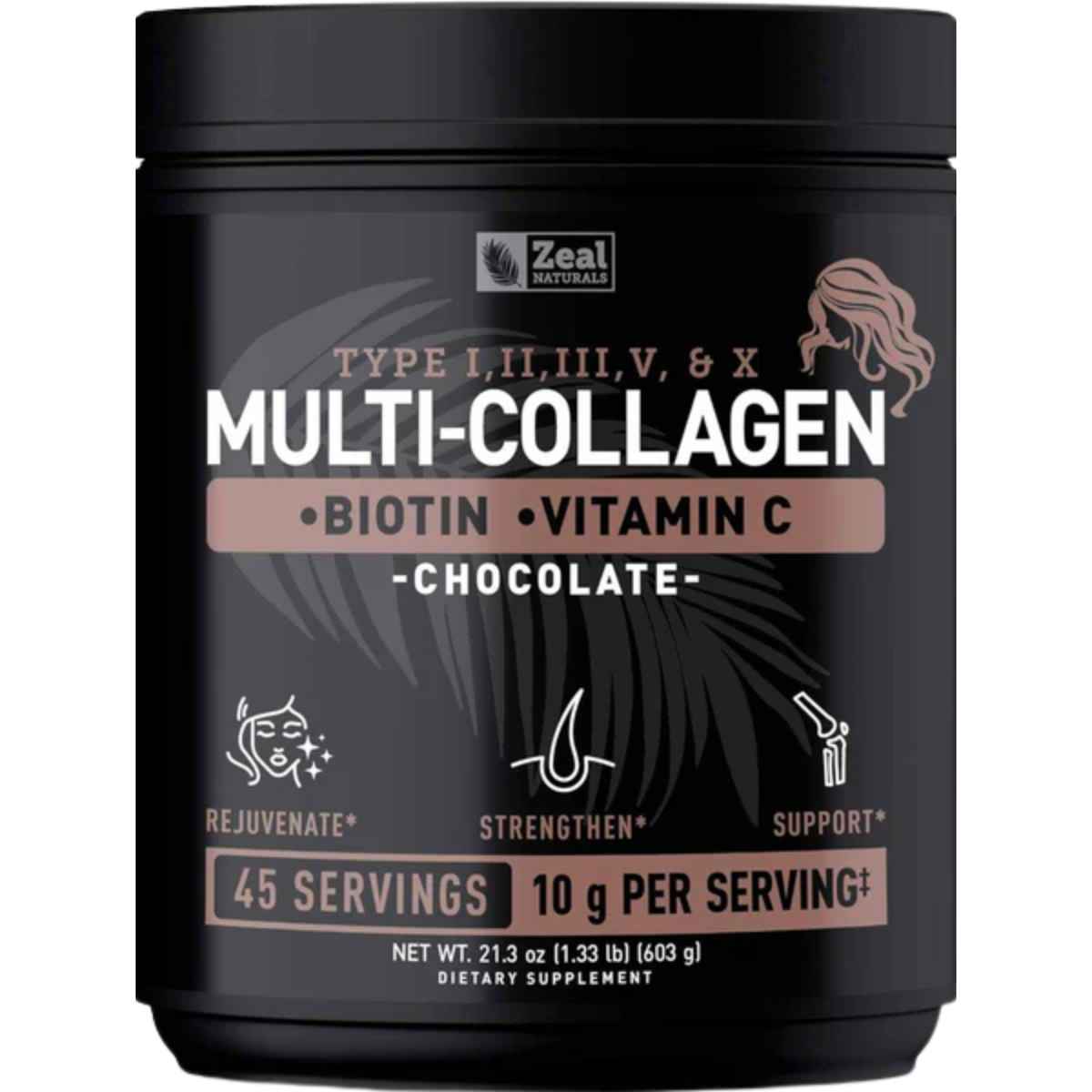 Frasco de suplemento Zeal Naturals Multi Colágeno Péptidos sabor chocolate 45 Servicios