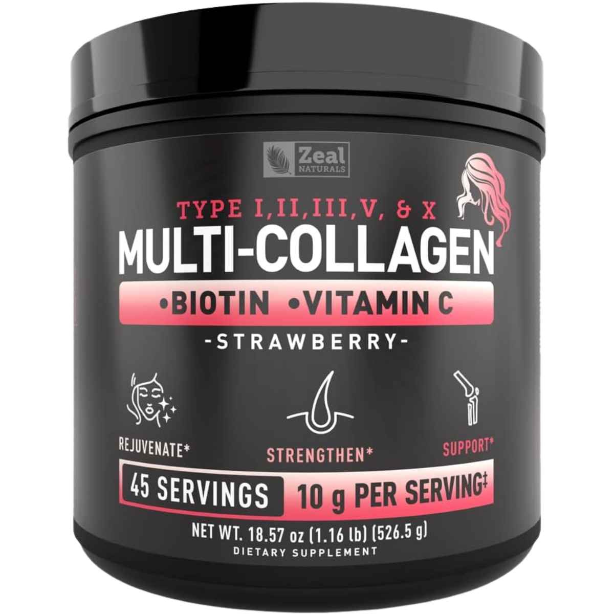 Frasco de suplemento Zeal Naturals Multi Colágeno Péptidos sabor fresa 45 Servicios