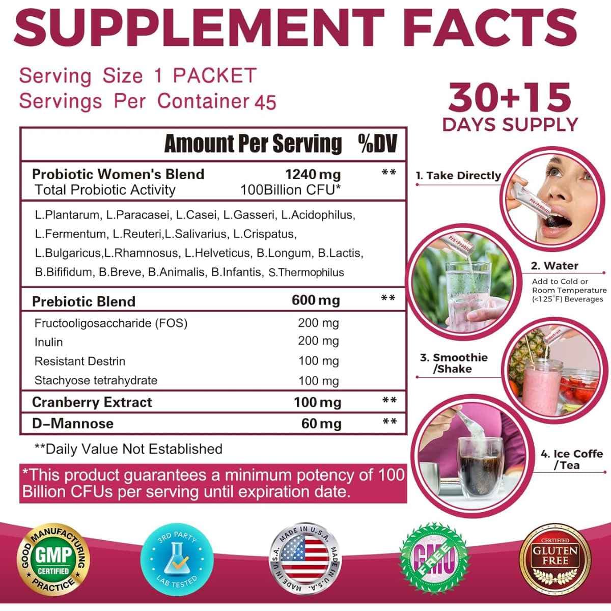 Tabla nutricional del suplemento ZEBORA Prebióticos y Probióticos 45 paquetes