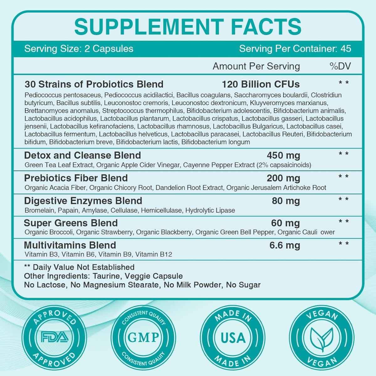 Tabla nutricional del suplemento Zebora 6 en 1 Probióticos, Prebióticos y Enzimas 90 cápsulas