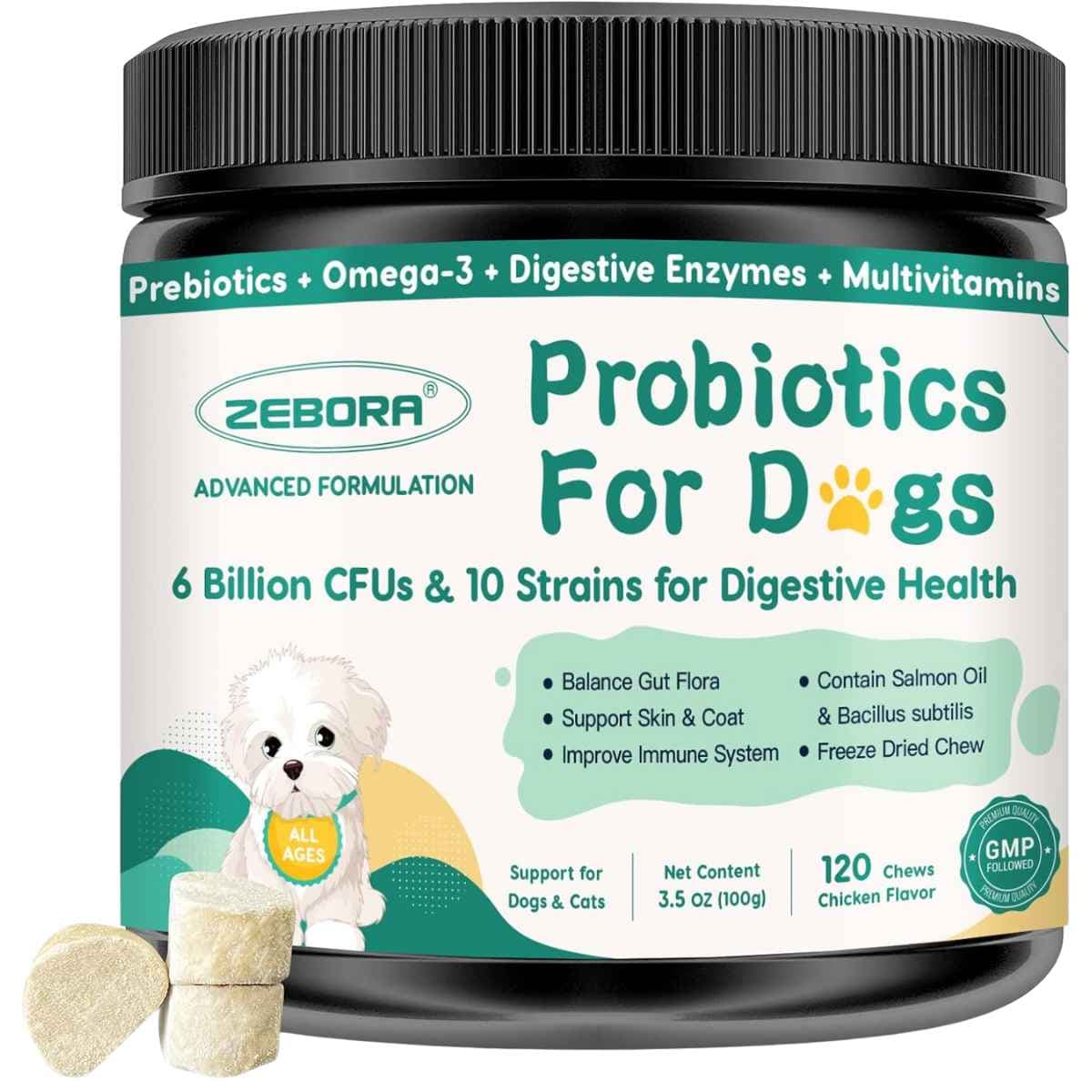 Frasco de suplemento ZEBORA Probióticos para Perros y Gatos 120 masticables