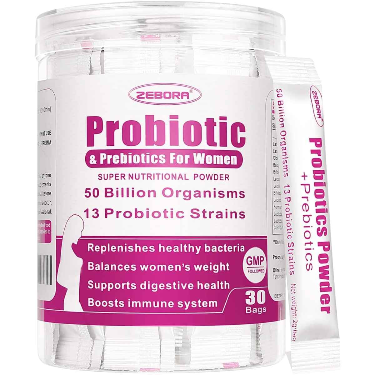Frasco de suplemento Probióticos y Prebióticos ZEBORA para Mujer con Arándano 30 Bolsas de Polvo