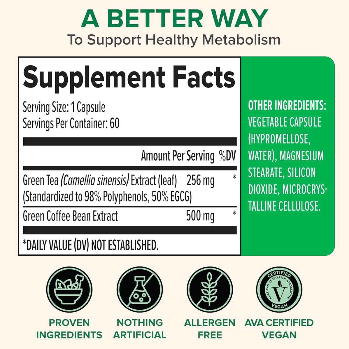 Tabla nutricional del suplemento Zenwise Extracto de Té Verde EGCG y Grano de Café Verde 500 mg 60 cápsulas