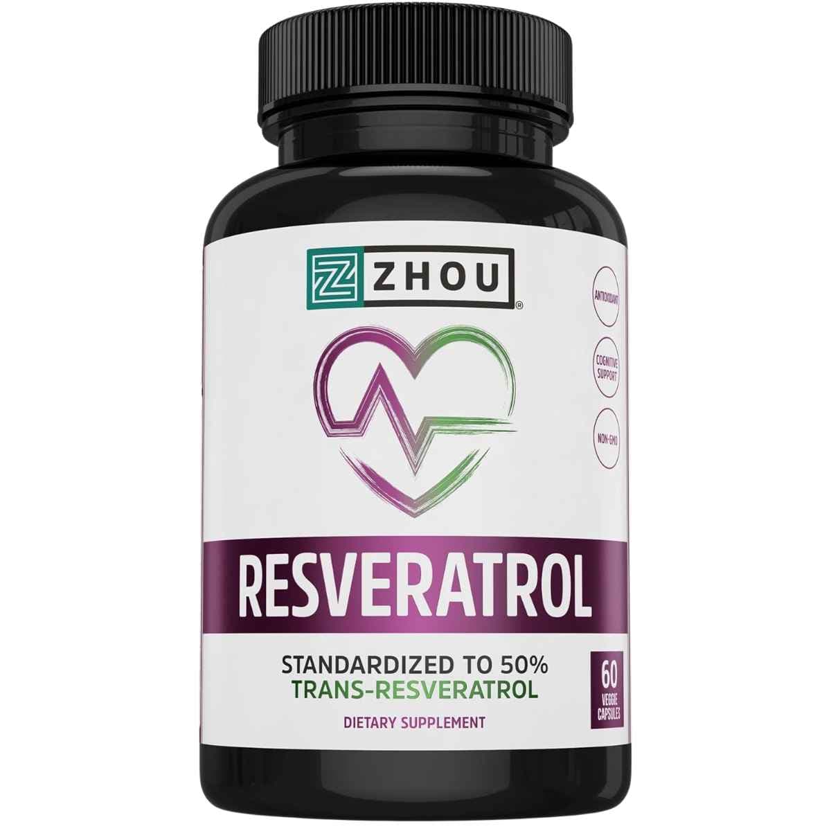 Frasco de suplemento Resveratrol Zhou Nutrition 60 cápsulas vegetales