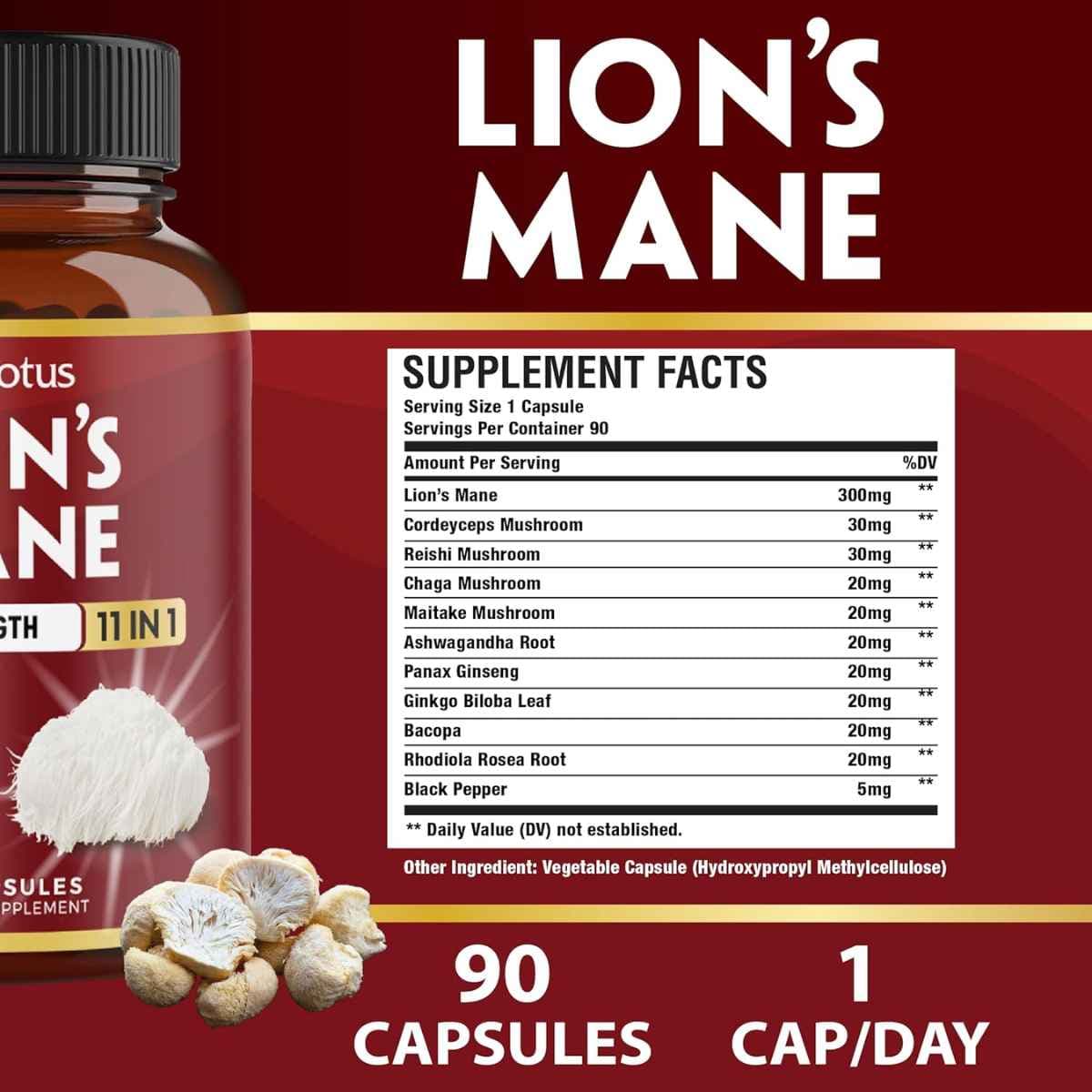 Tabla nutricional del suplemento Zolotus Melena de León 11 en 1 90 cápsulas