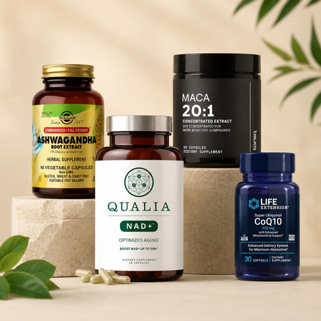 Suplementos importados de NAD+, ashwagandha, maca y CoQ10 para la colección Energía y vitalidad en HazTuPedido.com