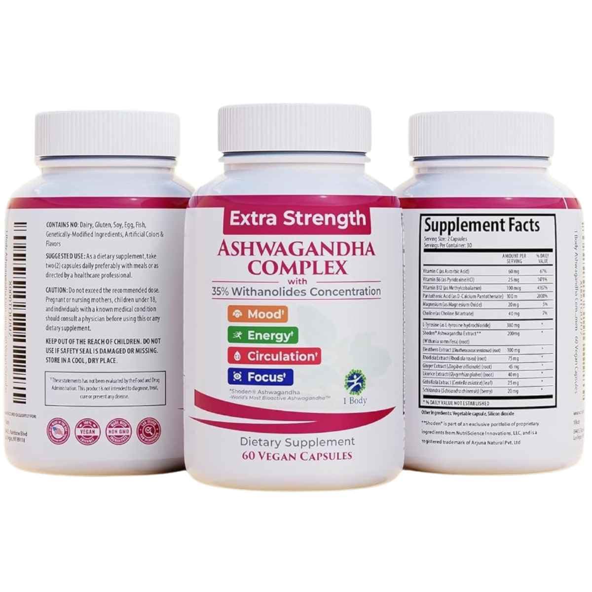 Tabla nutricional del suplemento 1 Body Complejo de Ashwagandha de Fuerza Extra con Withanólidos 60 cápsulas veganas