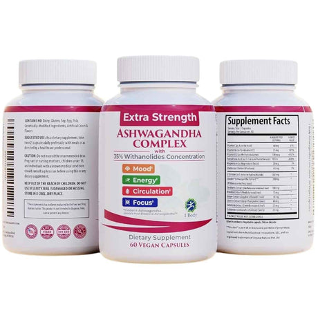 Tabla nutricional del suplemento 1 Body Complejo de Ashwagandha de Fuerza Extra con Withanólidos 60 cápsulas veganas