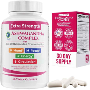 Frasco de suplemento 1 Body Complejo de Ashwagandha de Fuerza Extra con Withanólidos 60 cápsulas veganas