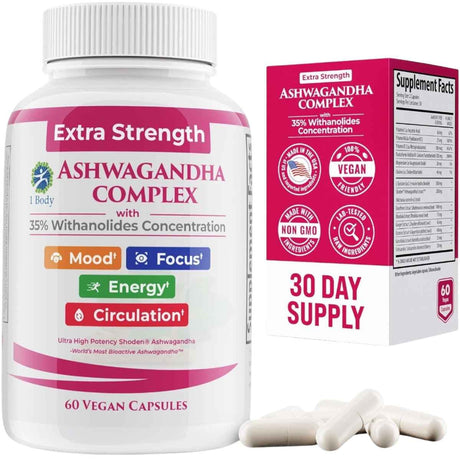 Frasco de suplemento 1 Body Complejo de Ashwagandha de Fuerza Extra con Withanólidos 60 cápsulas veganas