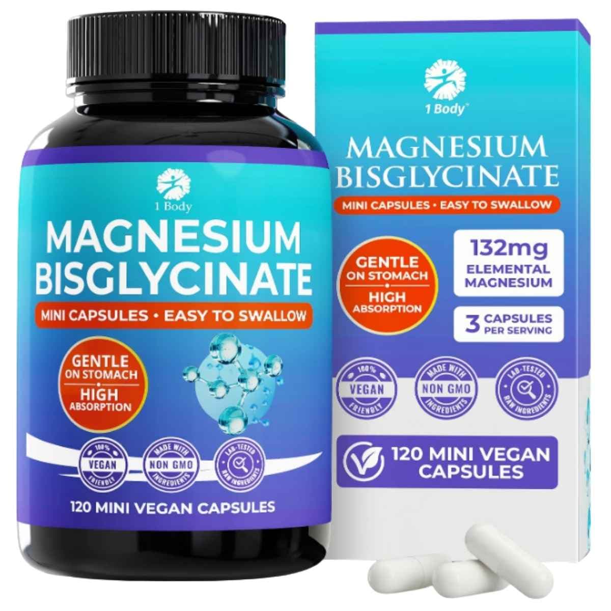 1 Body bisglicinato de magnesio, 120 cápsulas veganas, presentación frontal