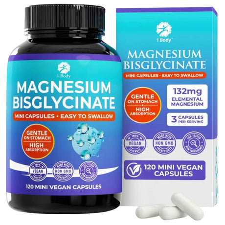 1 Body bisglicinato de magnesio, 120 cápsulas veganas, presentación frontal