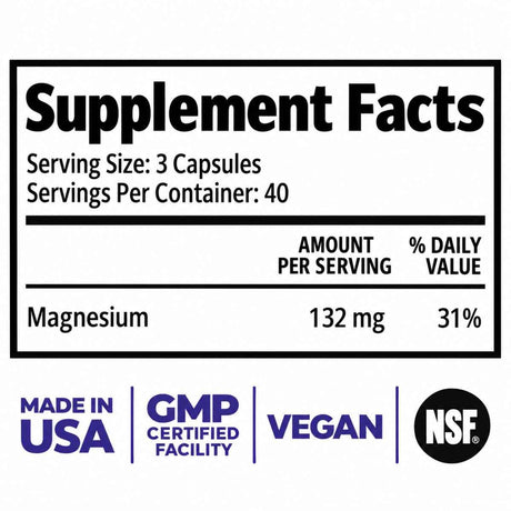 Información del suplemento de 1 Body bisglicinato de magnesio: 132 mg por porción de 3 cápsulas