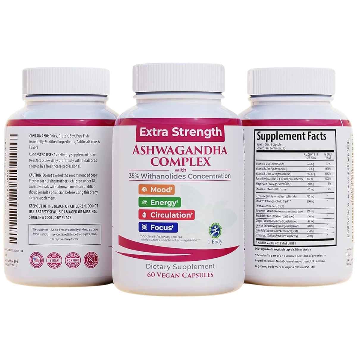 Tabla nutricional del suplemento 1 Body Complejo de Ashwagandha Shoden® 60 cápsulas veganas