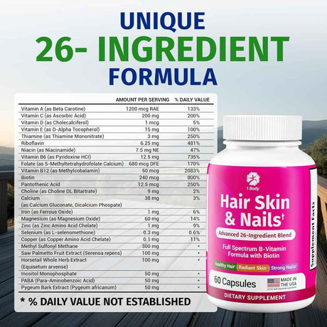 Tabla nutricional del suplemento 1 Body Complejo Cabello, Piel y Uñas 60 cápsulas
