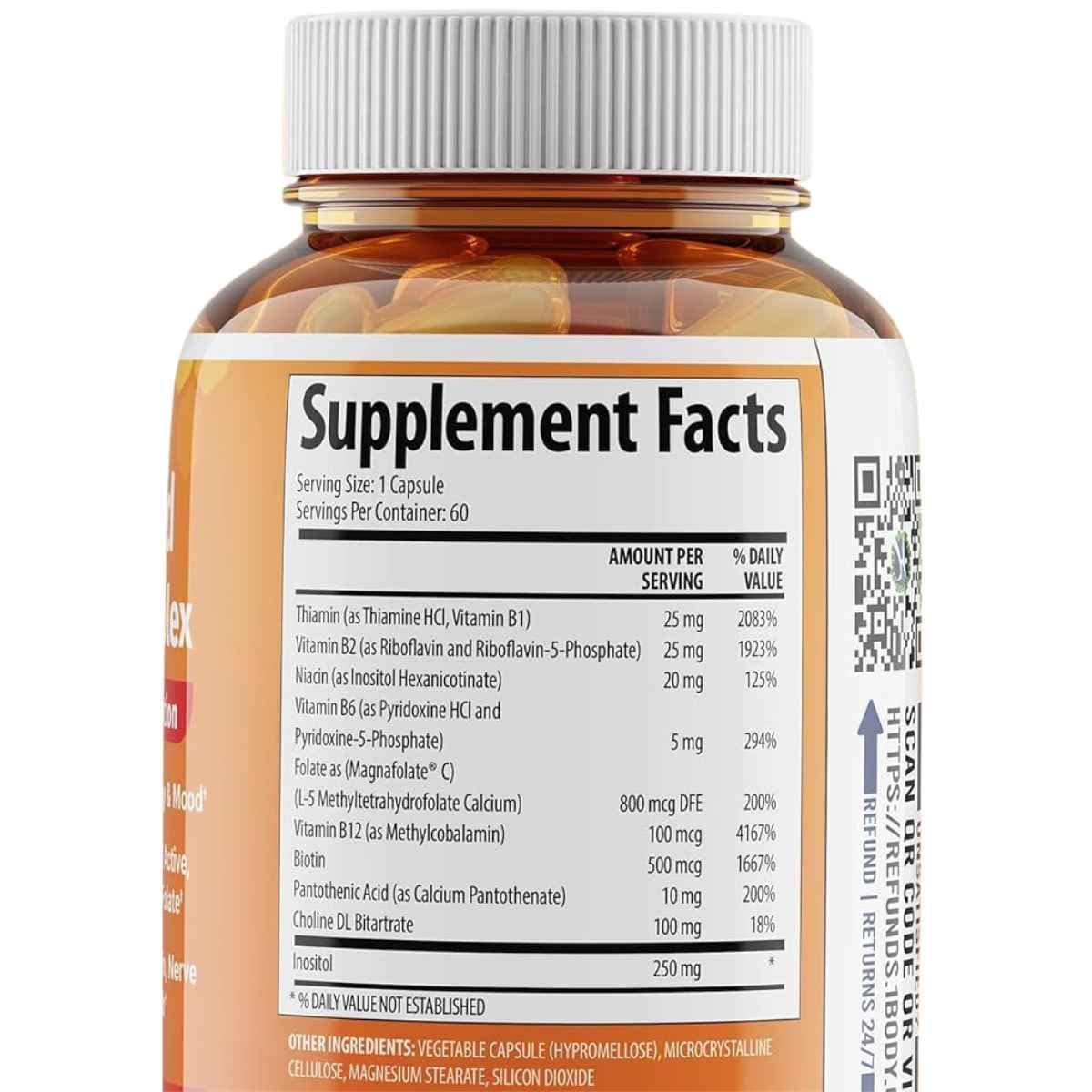 Tabla nutricional del suplemento 1 Body Methylated Vitamin B Complex 60 cápsulas