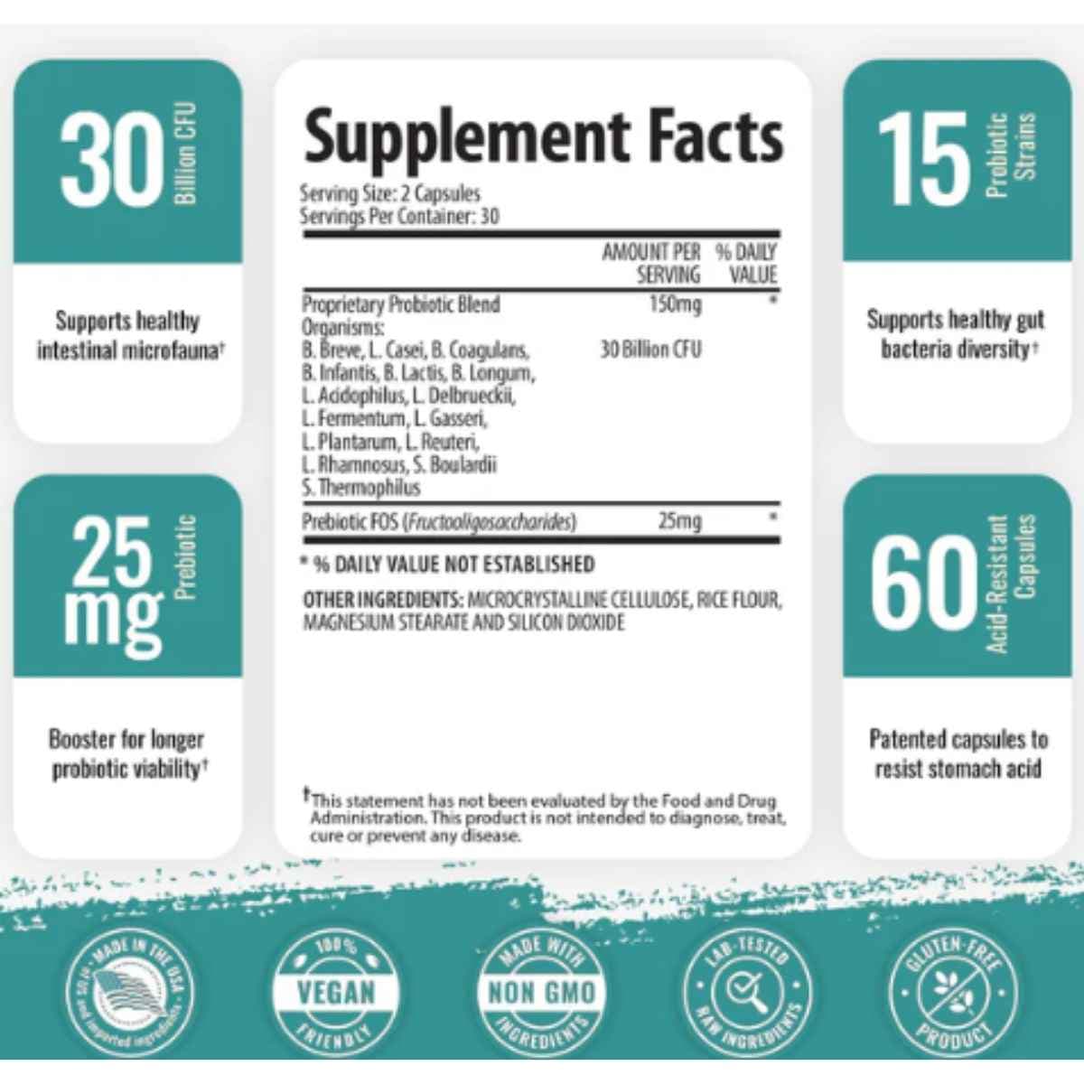 Tabla nutricional del suplemento 1 Body Probióticos con Prebióticos, Enzimas y Zinc 60 cápsulas
