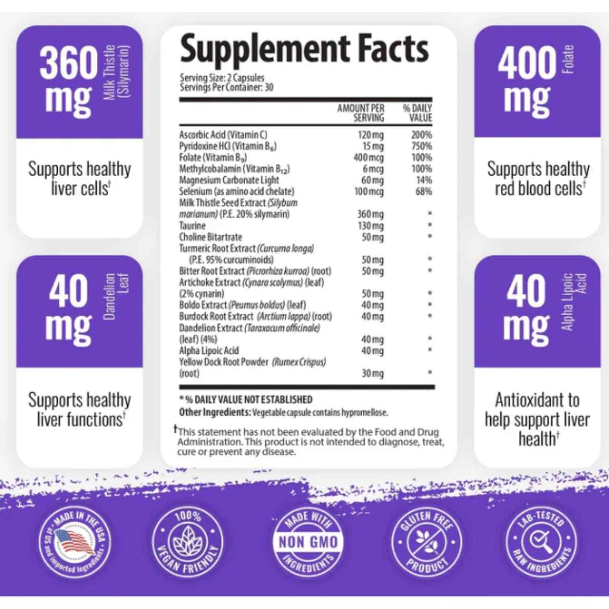 Tabla nutricional del suplemento 1 Body Soporte Hepático con Cardo Mariano 60 cápsulas veganas