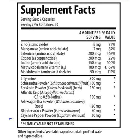 Tabla nutricional del suplemento 1 Body Yodo, Ashwagandha y L-Tirosina 60 cápsulas veganas