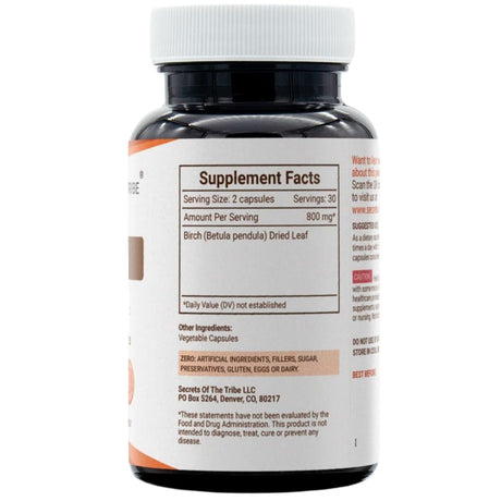 Secrets Of The Tribe Abedul 800 Mg Para Detox y Salud Renal – 60 Cápsulas Vegetales