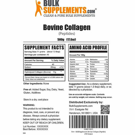 BulkSupplements.com Colágeno Hidrolizado Puro en Polvo - 500 g - Tabla Nutricional - Haz Tu Pedido
