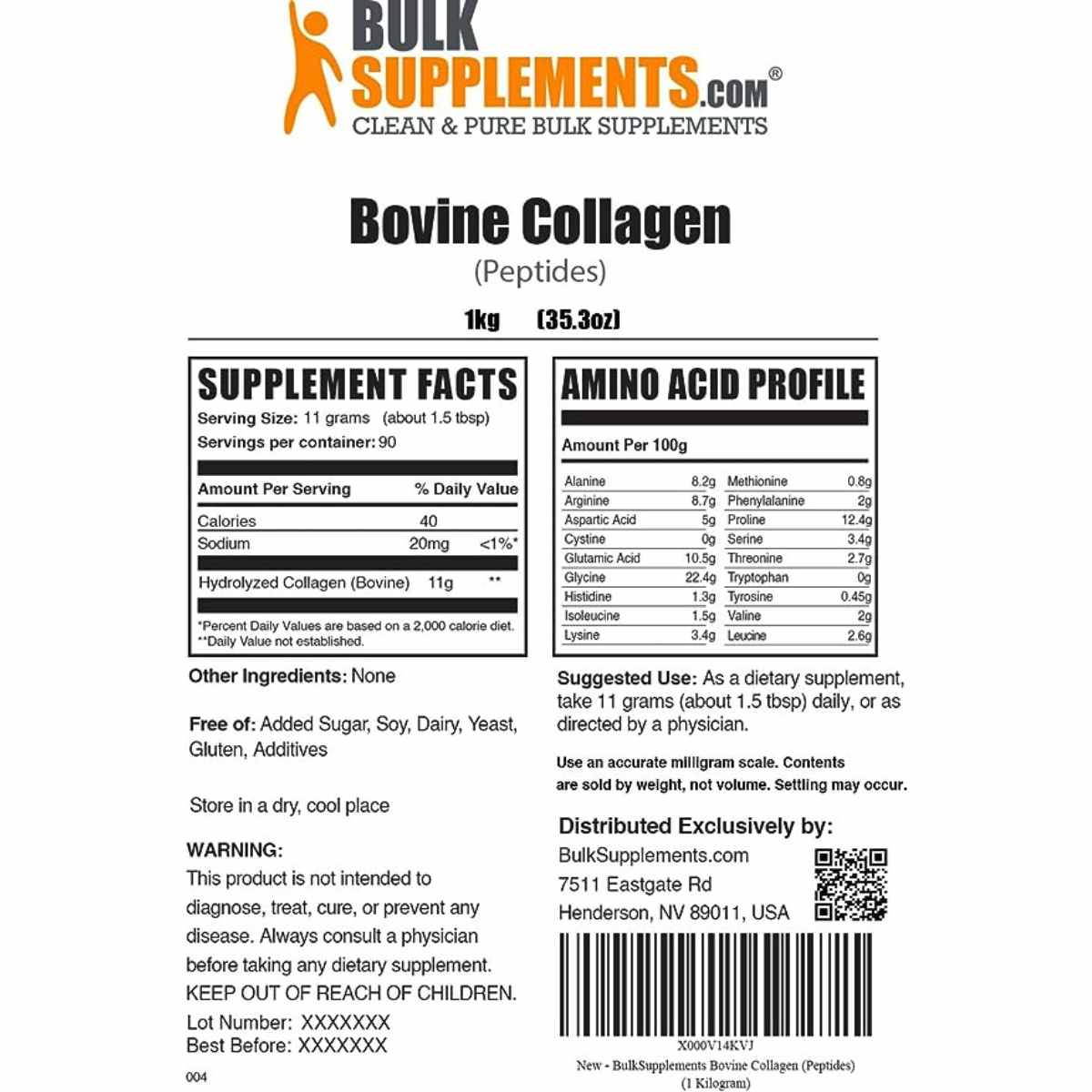 BulkSupplements.com Colágeno Hidrolizado Puro en Polvo - 1 kg - Tabla Nutricional - Haz Tu Pedido