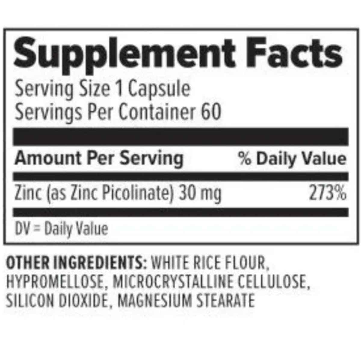 Tabla nutricional del suplemento 10X Health System Zinc Picolinato 60 cápsulas