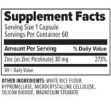 Tabla nutricional del suplemento 10X Health System Zinc Picolinato 60 cápsulas