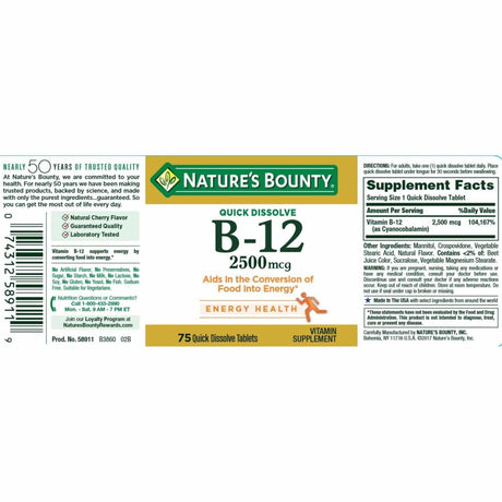 Nature's Bounty Vitamin B-12 - 2500 mcg - 75 Tabletas - Haz Tu Pedido