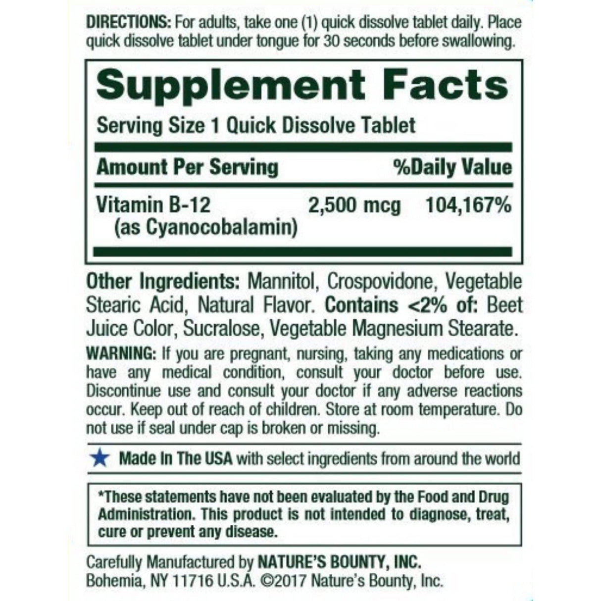 Nature's Bounty Vitamin B-12 - 2500 mcg - 75 Tabletas - Haz Tu Pedido