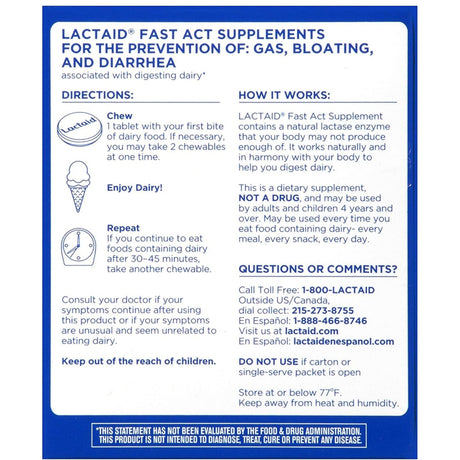 Lactaid Fast Act - Vanilla - 32 Tabletas Masticable - Haz Tu Pedido