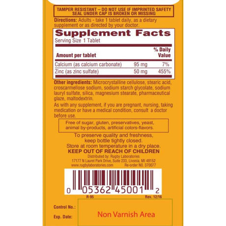 Rugby Zinc Sulfate - 220 mg - 100 Tabletas - Haz Tu Pedido