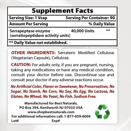 Best Naturals Serrapeptase 40000 SPU - 90 Capsulas - Haz Tu Pedido