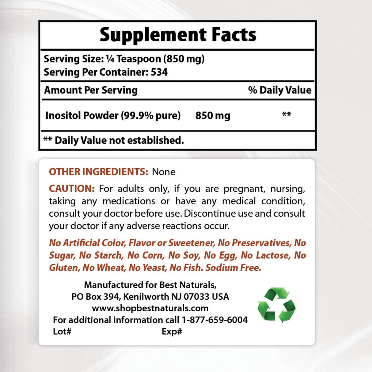 Best Naturals Inositol Powder - 1 lb - Desintoxicacion Soporte Celular - Haz Tu Pedido