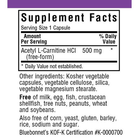 Bluebonnet Acetyl L-Carnitine 500 mg - Vegetable Capsules - Haz Tu Pedido