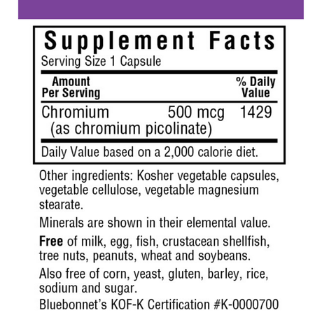 Bluebonnet Chromium Picolinate - 500 mcg - 100 Cápsulas De Origen Vegetal - Haz Tu Pedido