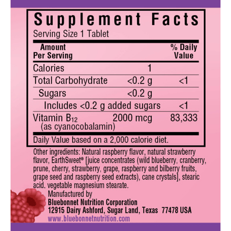 Bluebonnet EarthSweet Chewables Vitamin B12 - 2000 mcg - 90 Tabletas Masticable - Frambuesa - Haz Tu Pedido