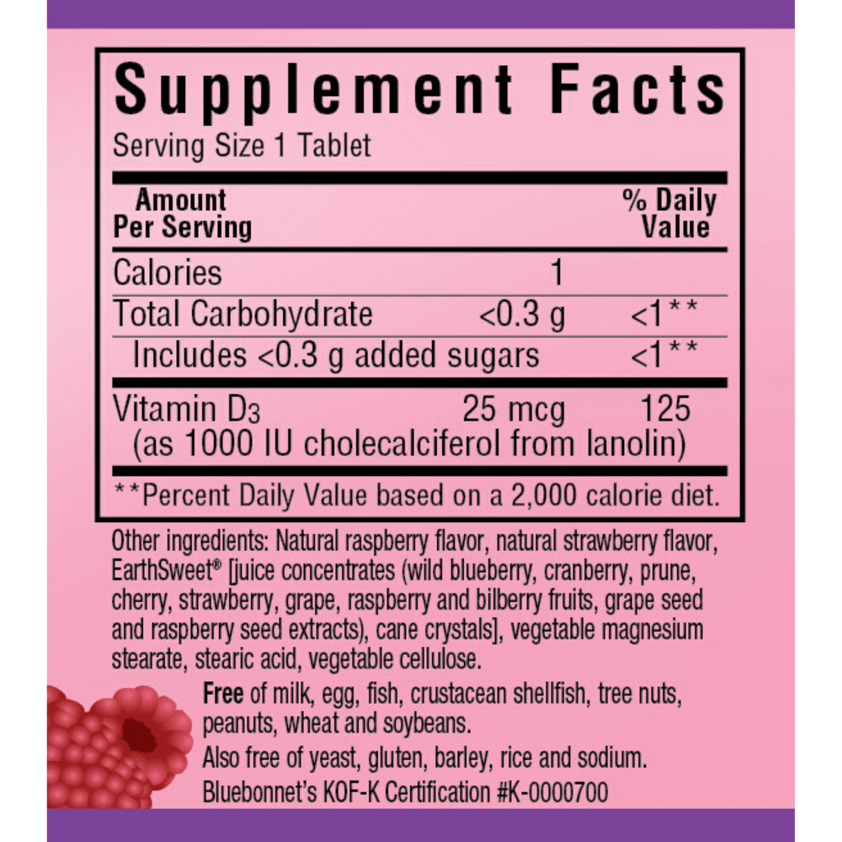 Bluebonnet EarthSweet Chewables Vitamin D3 - 1000 IU - 90 Tabletas Masticable - Frambuesa - Haz Tu Pedido