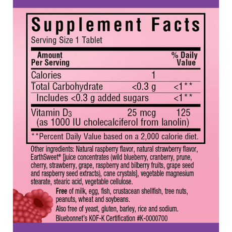 Bluebonnet EarthSweet Chewables Vitamin D3 - 1000 IU - 90 Tabletas Masticable - Frambuesa - Haz Tu Pedido