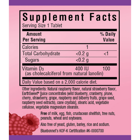 Bluebonnet EarthSweet Chewables Vitamin D3 - 400 IU - 90 Tabletas Masticable - Frambuesa - Haz Tu Pedido