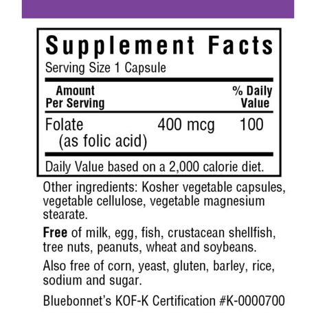 Bluebonnet Folic Acid - 400 mcg - 90 Cápsulas De Origen Vegetal - Haz Tu Pedido