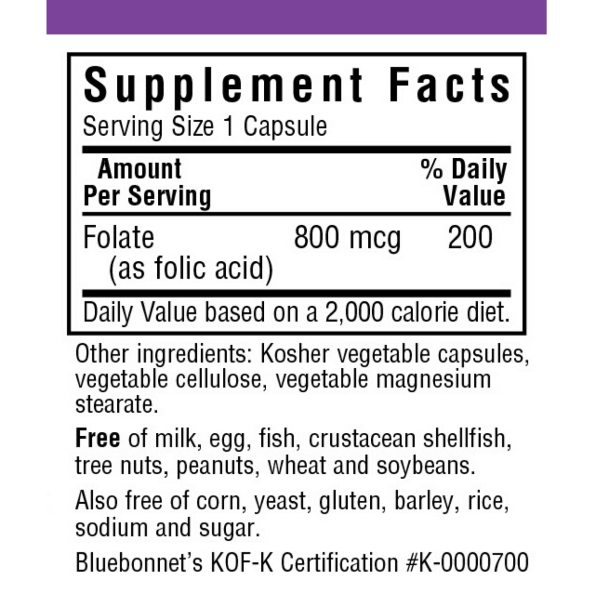 Bluebonnet Folic Acid - 800 mcg - Vegetable Capsules - Haz Tu Pedido