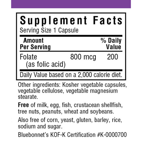 Bluebonnet Folic Acid - 800 mcg - Vegetable Capsules - Haz Tu Pedido