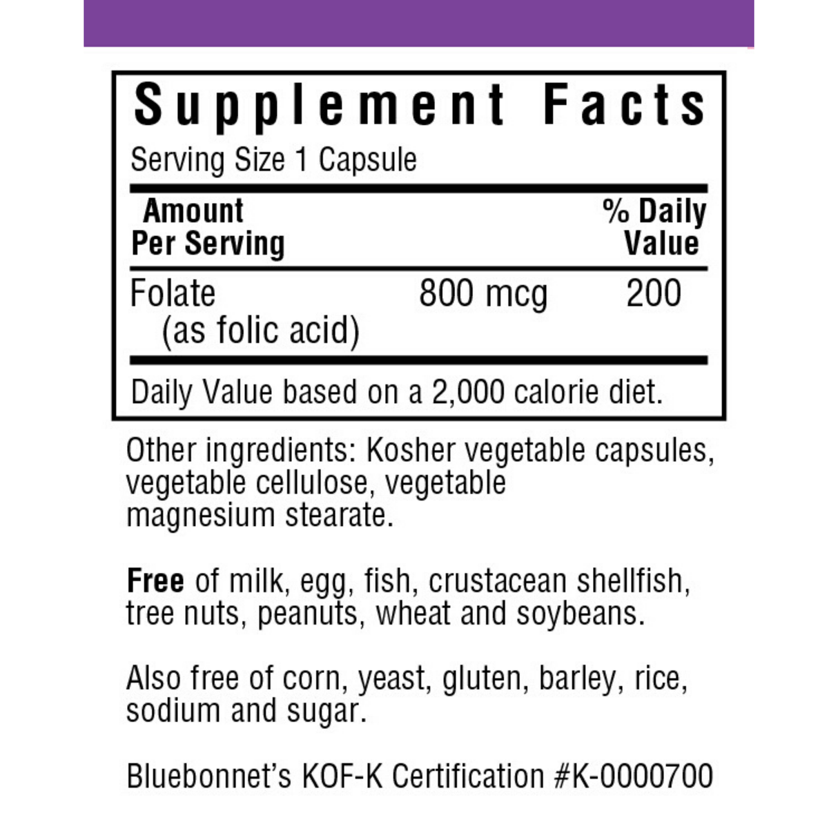 Bluebonnet Folic Acid - 800 mcg - Vegetable Capsules - Haz Tu Pedido