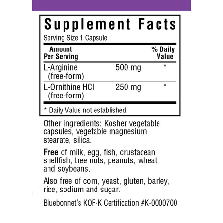 Bluebonnet L-Arginina L-Orinitina - 500 mg/250 mg - Haz Tu Pedido