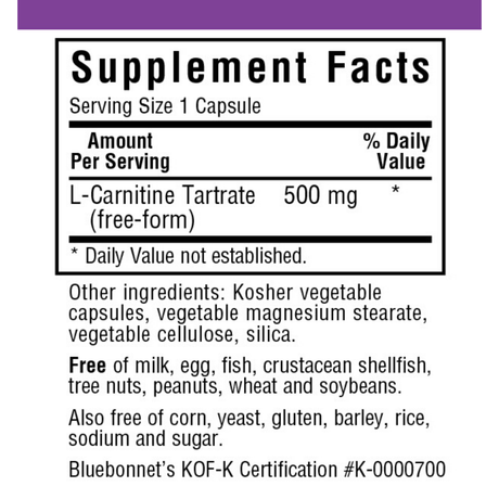 Bluebonnet L-Carnitine - 500 mg - Vegetable Capsules - Haz Tu Pedido