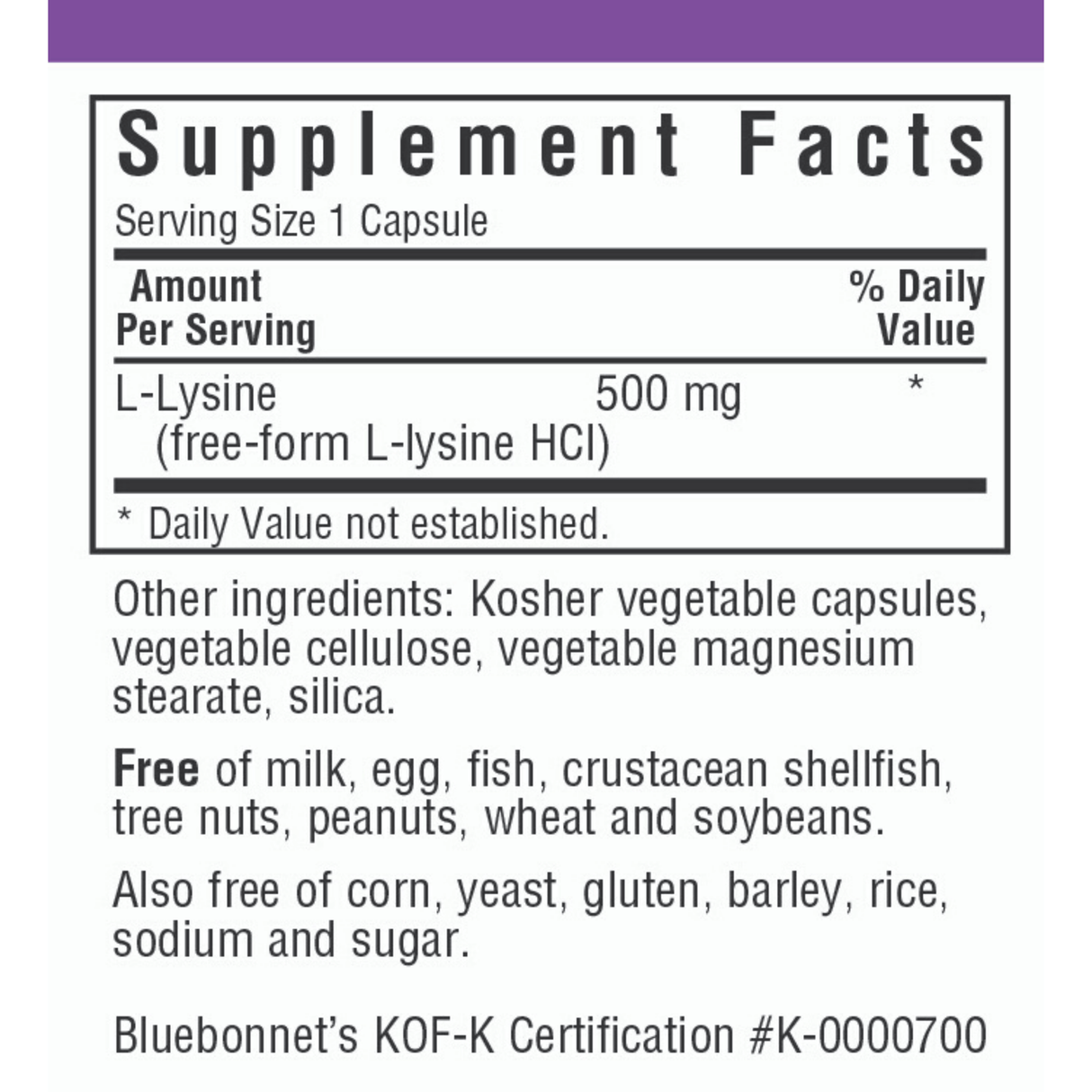 Bluebonnet L-Lysine - 500 mg - 100 Cápsulas De Origen Vegetal - Haz Tu Pedido