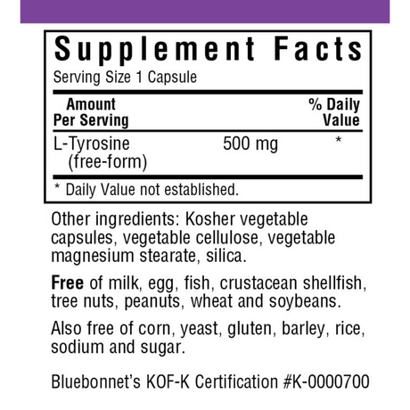 Bluebonnet L-Tyrosine - 500 mg - Vegetable Capsules - Haz Tu Pedido