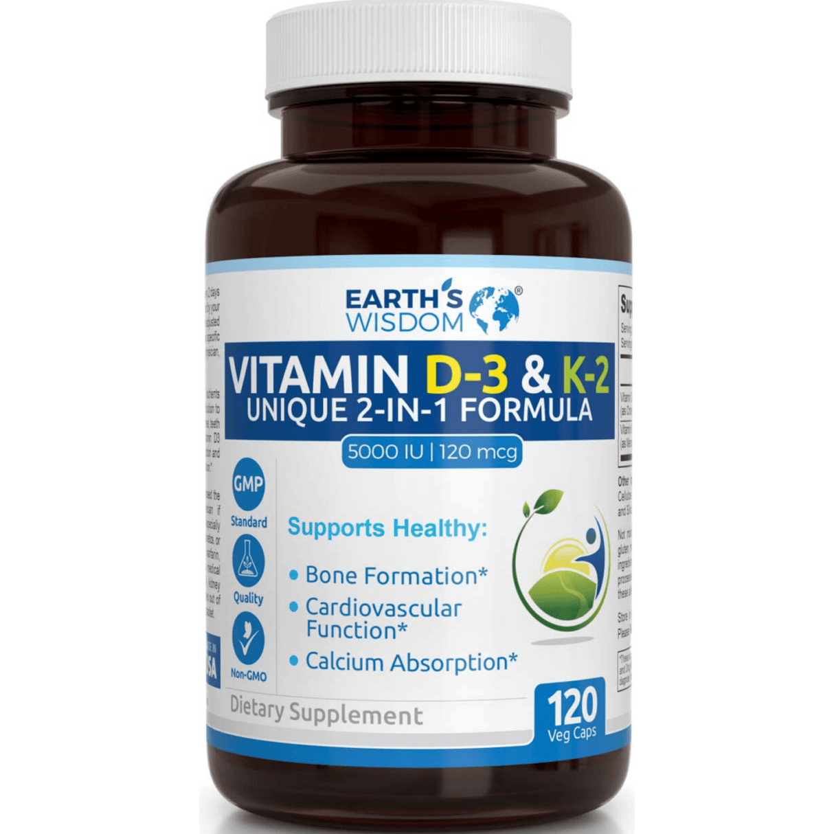 Earth's Wisdom Vitamin D3 with K2 - 120 Cápsulas De Origen Vegetal - Haz Tu Pedido