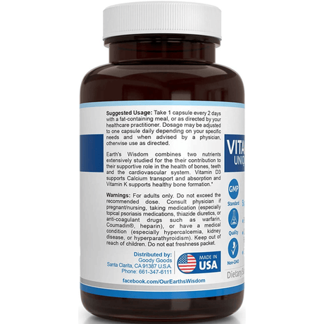 Earth's Wisdom Vitamin D3 with K2 - 120 Cápsulas De Origen Vegetal - Haz Tu Pedido
